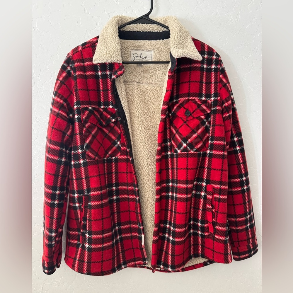 Soho Apparel Red & Black Plaid Sherpa Jacket